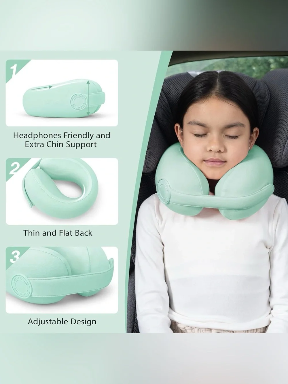 Mint Green Contour Travel Neck Pillow with Snap Closure